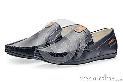 Pair leather dark blue color male moccasins Stock Photo