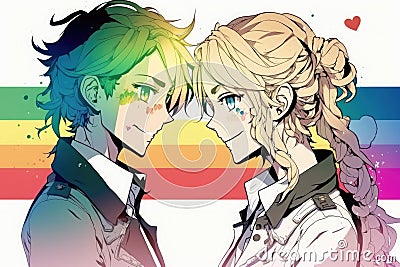 A pair of lesbian girls look at each other against the backdrop of a rainbow. Generative AI Stock Photo