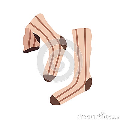 Pair of long socks with stripes pattern. Cotton feet clothes. Cozy wool foot wear, garment. Two high-ankle sox. Colored Vector Illustration