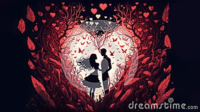 pair of lover silhouettes surrounded with flying hearts for valentines day, neural network generated art Stock Photo