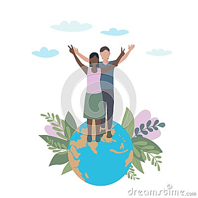 A pair of lovers with their hands raised. Standing on the planet earth, a symbol of victory and peace. Interracial relations and Vector Illustration