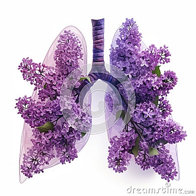 A pair of lungs with purple flowers on a white background, concept illustration of healthy lungs. Cartoon Illustration