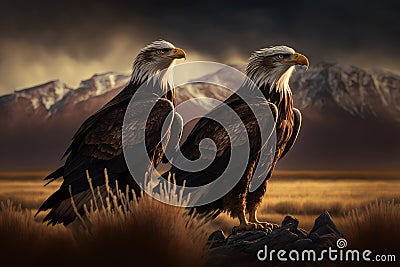 pair of majestic eagles hunting on the open plains Stock Photo