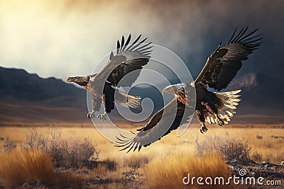 pair of majestic eagles hunting on the open plains Stock Photo
