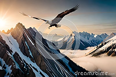 A pair of majestic eagles soaring high above a rugged mountain range Stock Photo