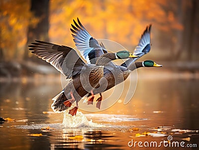 A pair of mallard ducks in fast flight, closeup. Cartoon Illustration