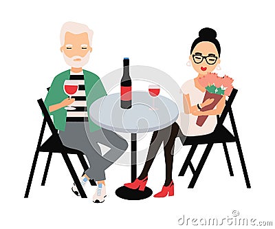 Pair of man and woman dressed in elegant clothing sitting at table and drinking red wine. Couple on romantic date or Vector Illustration