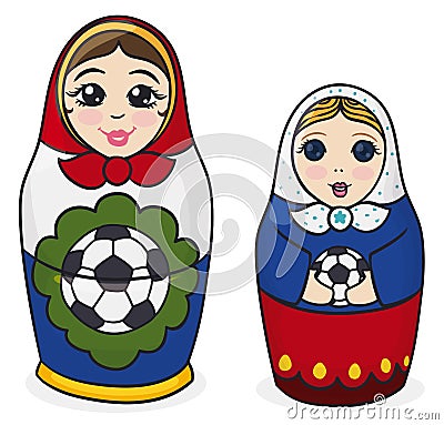 Pair of Matryoshka dolls in different sizes with soccer balls, Vector illustration Vector Illustration