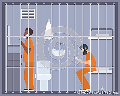 Pair of men in prison, jail or detention center room. Two prisoners or criminals shaving and reading book in cell. Male Vector Illustration