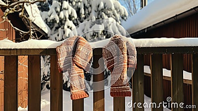 A pair of mittens and a knitted scarf hanging on a wooden fence Stock Photo