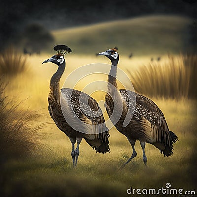 Two Moa Birds Exploring a Sunny Grassy Meadow Stock Photo