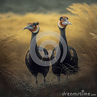 Two Moa Birds Exploring a Sunny Grassy Meadow Stock Photo