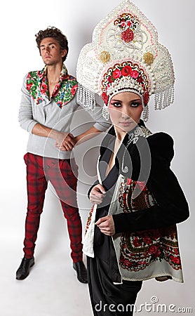 Pair models in exclusive design clothes Stock Photo