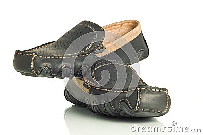 Pair of modern black mens shoes moccasins Stock Photo