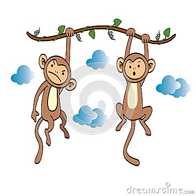 A pair of monkeys hanging from a tree branch Cartoon Illustration