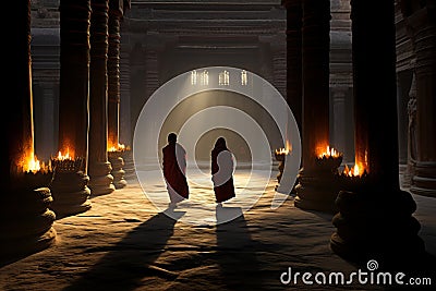 Pair of monks walking in ancient temple, traditional candlelit ceremony Stock Photo