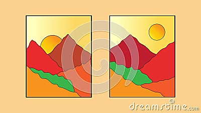 a pair of mountain wall art. Earth tone vector landscape background set with sun. Abstract art design for wall frame prints, Vector Illustration