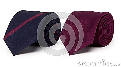 a pair of neck ties on a white background with a red and blue stripe on the end of the tie, and a blue and purple necktie with a Stock Photo