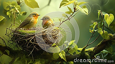 A pair of nesting birds surrounded by the fresh greenery of April foliage Stock Photo