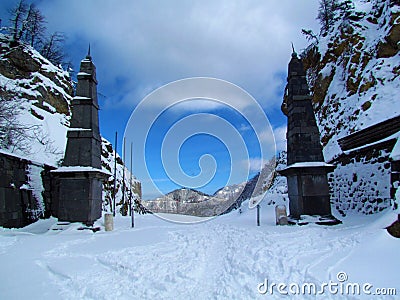 Pair of obelisk at Ljubelj pass at the border of Austria and Slovenia Stock Photo