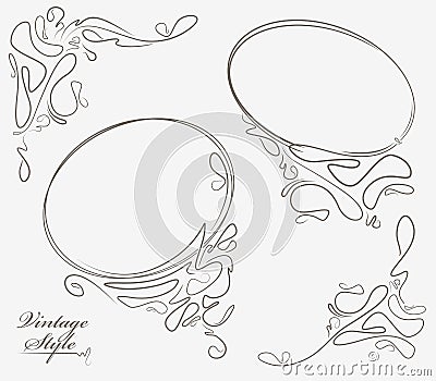 Pair of oval outline frame and decorative corner elements. Vector Illustration