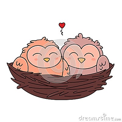 A pair of owls in love is sitting in a nest woven from twigs. Cartoon Illustration