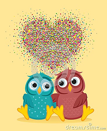 Pair owls in love. Vector. Colorful confetti in the form of heart Stock Photo