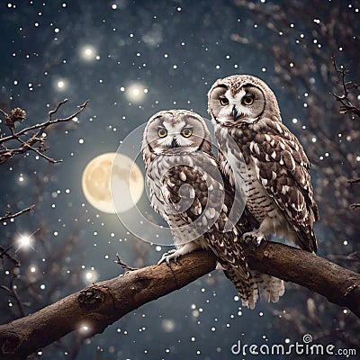 Pair Of Owls In Moonlight Stock Photo