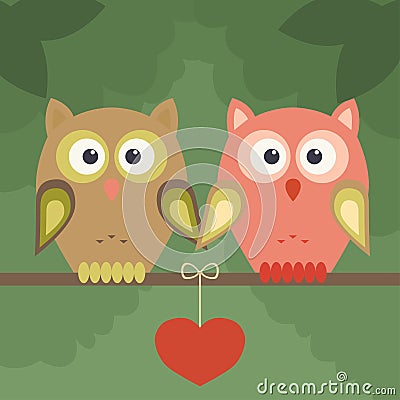 Pair of owls on tree and heart Vector Illustration