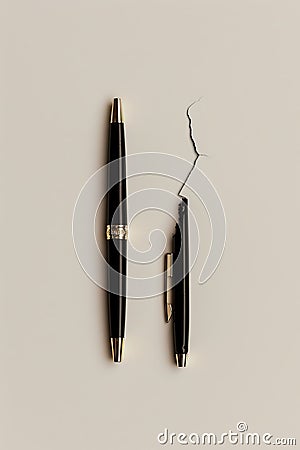 A pair of pens, with one in pieces, illustrating the concept of breakdown or the unexpected interruption Stock Photo