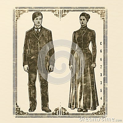 Futuristic Victorian Illustration Of Man And Woman In Full Costume Cartoon Illustration