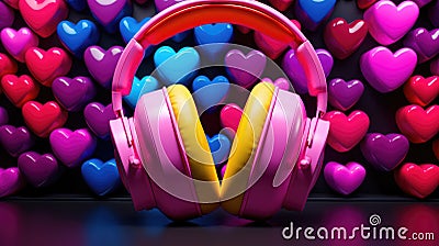 A pair of pink headphones are sitting in front of a wall of hearts, AI Stock Photo