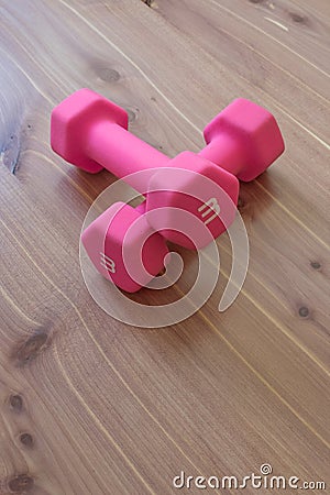 Pair of pink light weight dumbells in a crossed position on a light wood background, copy space Stock Photo