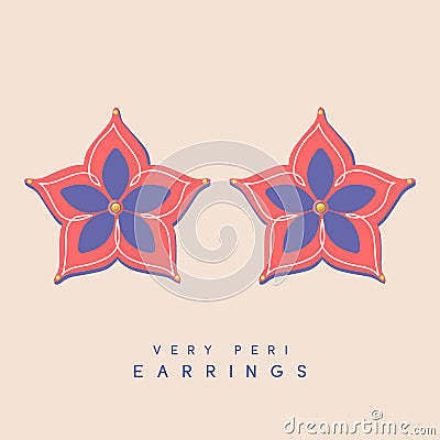 Pair of pink and very peri vector earrings isolated on beige background. Modern jewelry is stylish and luxurious. Design for Vector Illustration