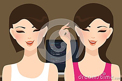 Pair programming beautiful woman girl coding in front of screen Vector Illustration