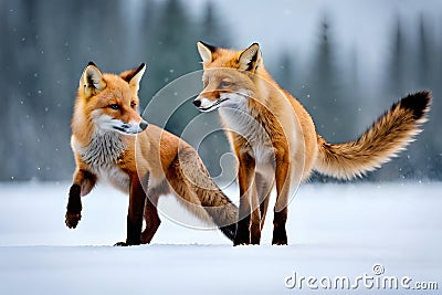 A pair of red foxes playing in a snowy meadow against a wintry backdrop Stock Photo