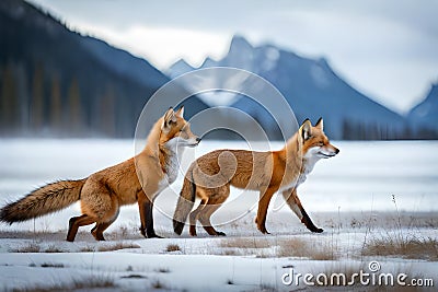 A pair of red foxes playing in a snowy meadow against a wintry backdrop Stock Photo