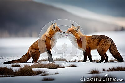 A pair of red foxes playing in a snowy meadow against a wintry backdrop Stock Photo