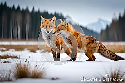 A pair of red foxes playing in a snowy meadow against a wintry backdrop Stock Photo