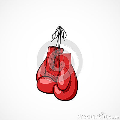 Pair of red hand drawn boxers glovers on a string. Boxers glovers symbol of martial art. Vector Illustration