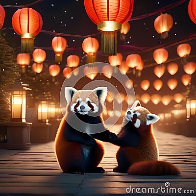 A pair of red pandas gazing at a sky full of lanterns in an enchanting New Years Eve setting2 Stock Photo