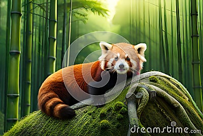 A pair of red pandas perched on a moss-covered branch in a bamboo forest Stock Photo