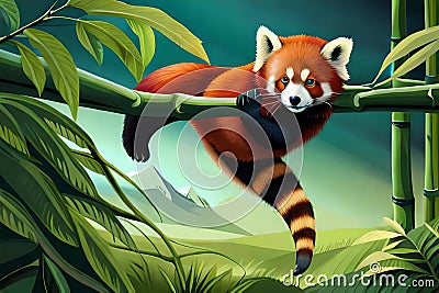 A pair of red pandas playfully frolicking among the branches of a bamboo forest Stock Photo