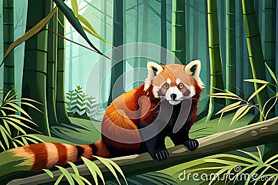 A pair of red pandas playfully frolicking among the branches of a bamboo forest Stock Photo