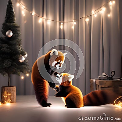 A pair of red pandas playing with a string of twinkling Christmas lights5 Stock Photo