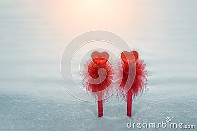 Pair of red pens with a heart shaped decoration symbolise love on snow background. Valentines day Stock Photo