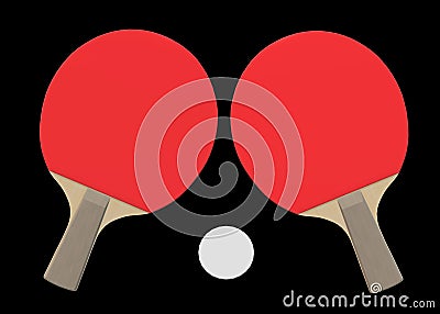 A pair of red table tennis paddles rackets with a white ping pong ball Cartoon Illustration