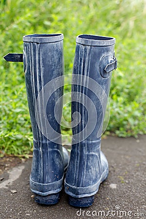 Rubber Wellington boots in the garden Stock Photo