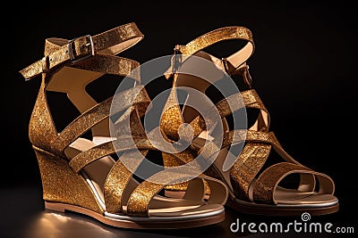 pair of sandals, wedged high on the foot, with straps crisscrossing and buckles shining in the light Stock Photo