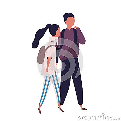 Pair of school teenage boy and girl. Funny students, pupils, classmates or friends walking together and having Vector Illustration